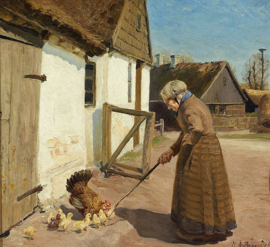 Een kip met haar kuikens. - H. A. Brendekilde

Source:
Une poule avec ses poussins. - H. A. Brendekilde