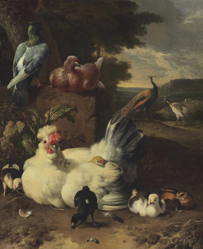 Een kip, kuikens, duiven en pauwen naast een stenen muur in een landschap - Melchior de Hondecoeter