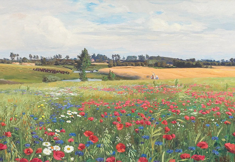 Een weide in bloei, met klaprozen, leucanthemen en korenbloemen. - H. A. Brendekilde

Source:
Une prairie en fleurs, avec des coquelicots, des leucanthèmes et des bleuets. - H. A. Brendekilde