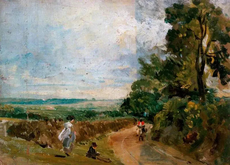 Een landweg met bomen en personages (voorzijde) - John Constable