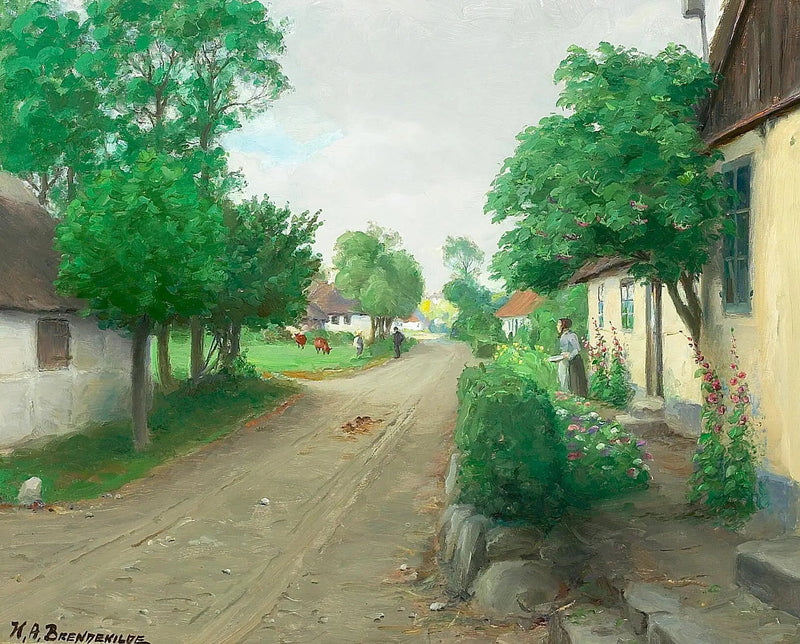 Een dorpsweg met mensen, koeien en bloeiende stokrozen. - H. A. Brendekilde

Source:
Une route de village avec des gens, des vaches et des roses trémières en fleurs. - H. A. Brendekilde