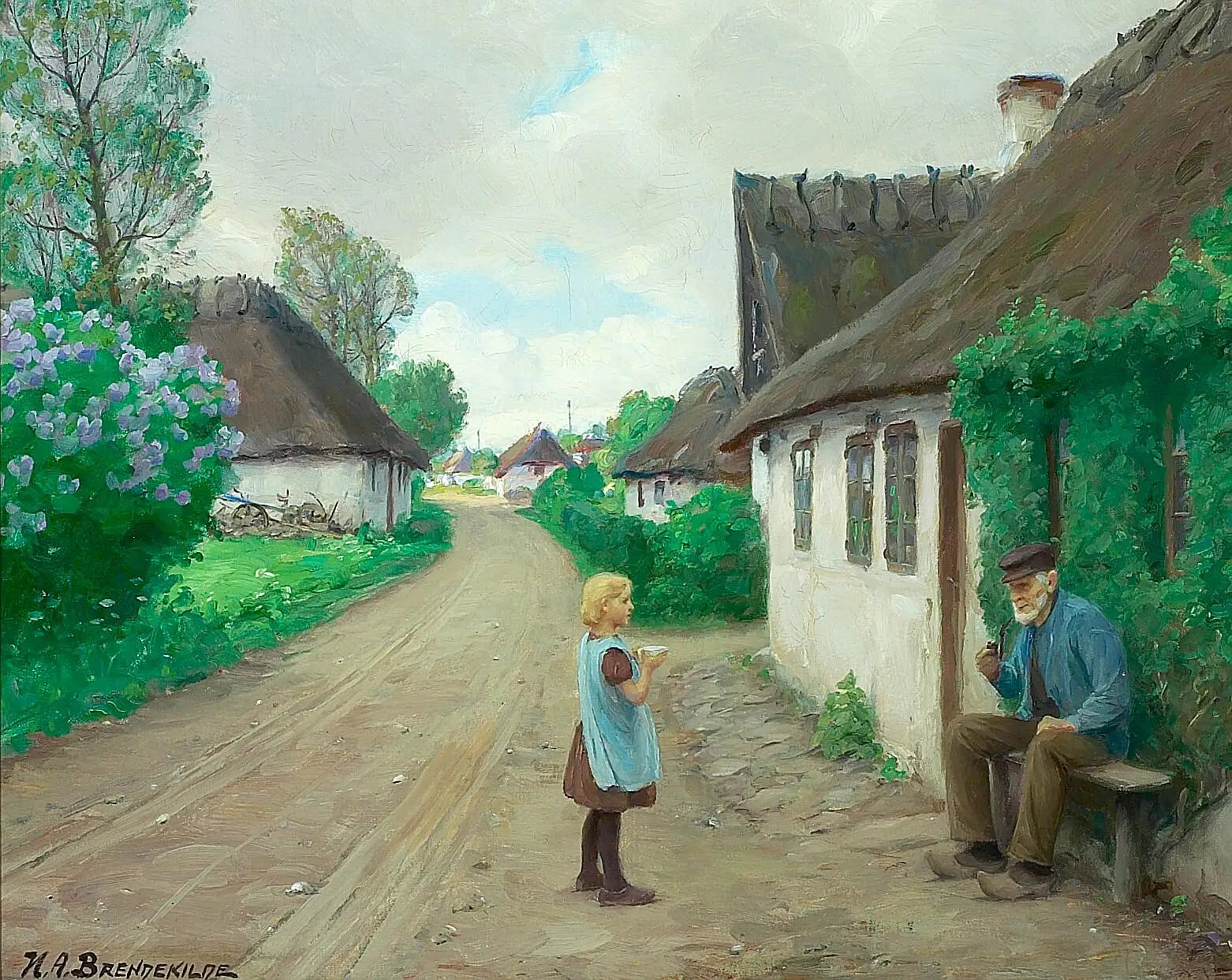 Une route de village avec une jeune fille parlant au vieux Jens Wilhelm de Jyllinge, âgé de 93 ans. - H. A. Brendekilde image 1 tableau peint à l’huile sur toile