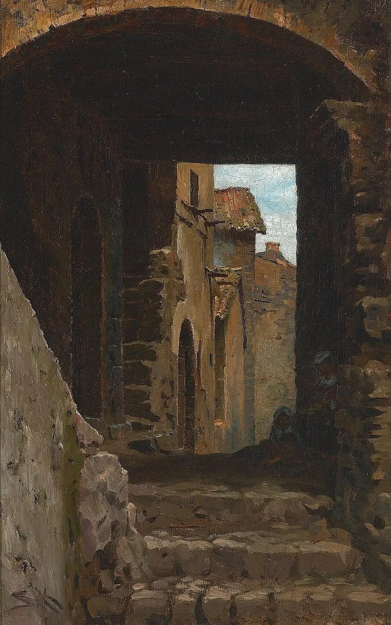 Een smalle straat met een vrouw en een kind in Torello, Ravello, Italië. - Peder Severin Krøyer