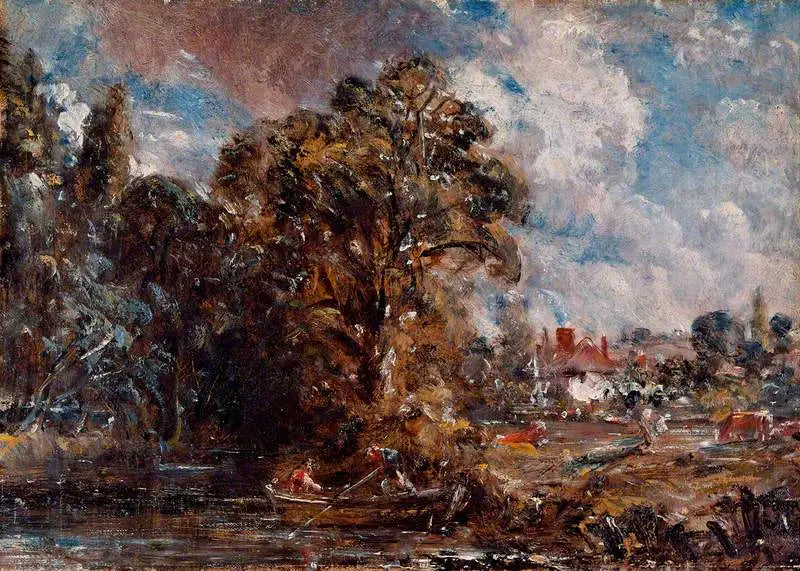 Een rivierlandschap met een boerderij aan de waterkant - John Constable