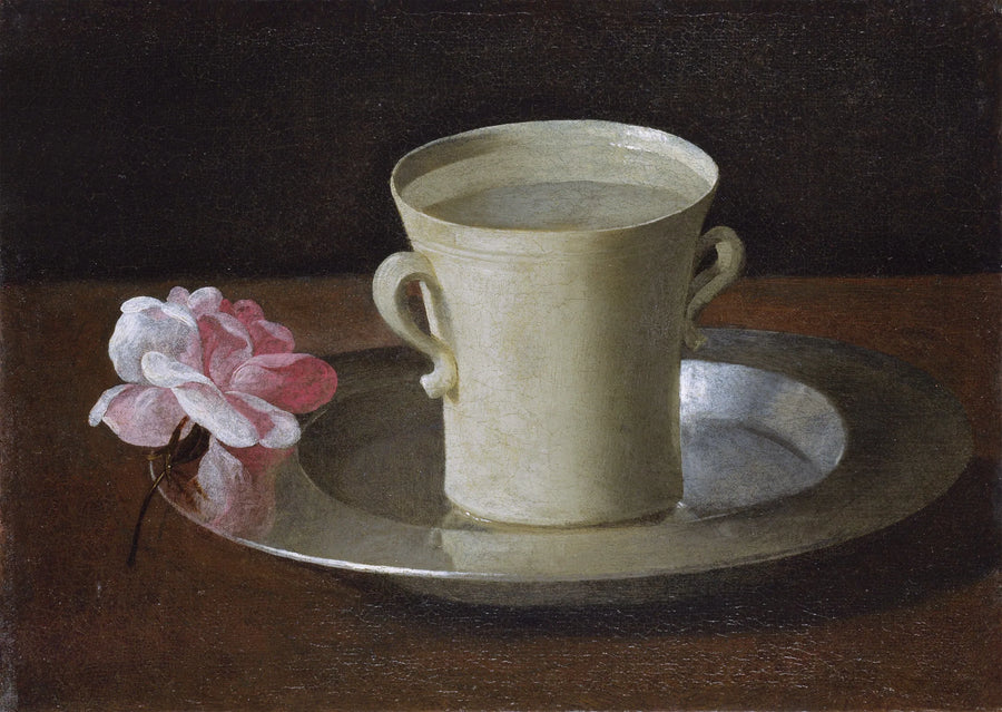 Een kopje water en een roos op een zilveren dienblad - Francisco de Zurbarán