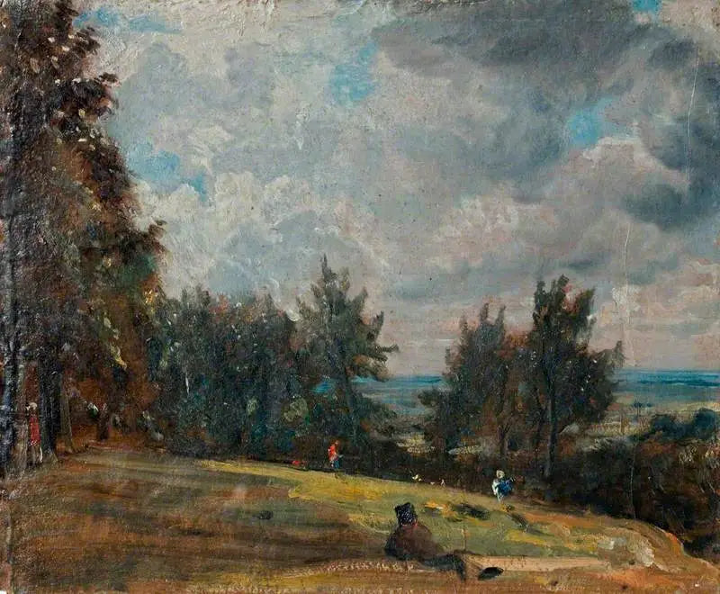 Een uitzicht in Hampstead met bomen en personages - John Constable