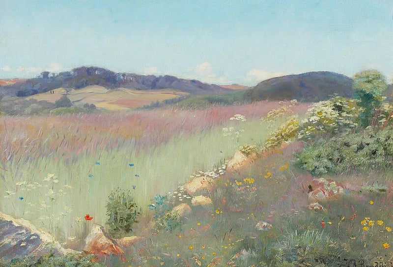 Een uitzicht op een zomers Deens landschap met bloemen. - H. A. Brendekilde

Source:
Une vue sur un paysage d'été danois avec des fleurs. - H. A. Brendekilde