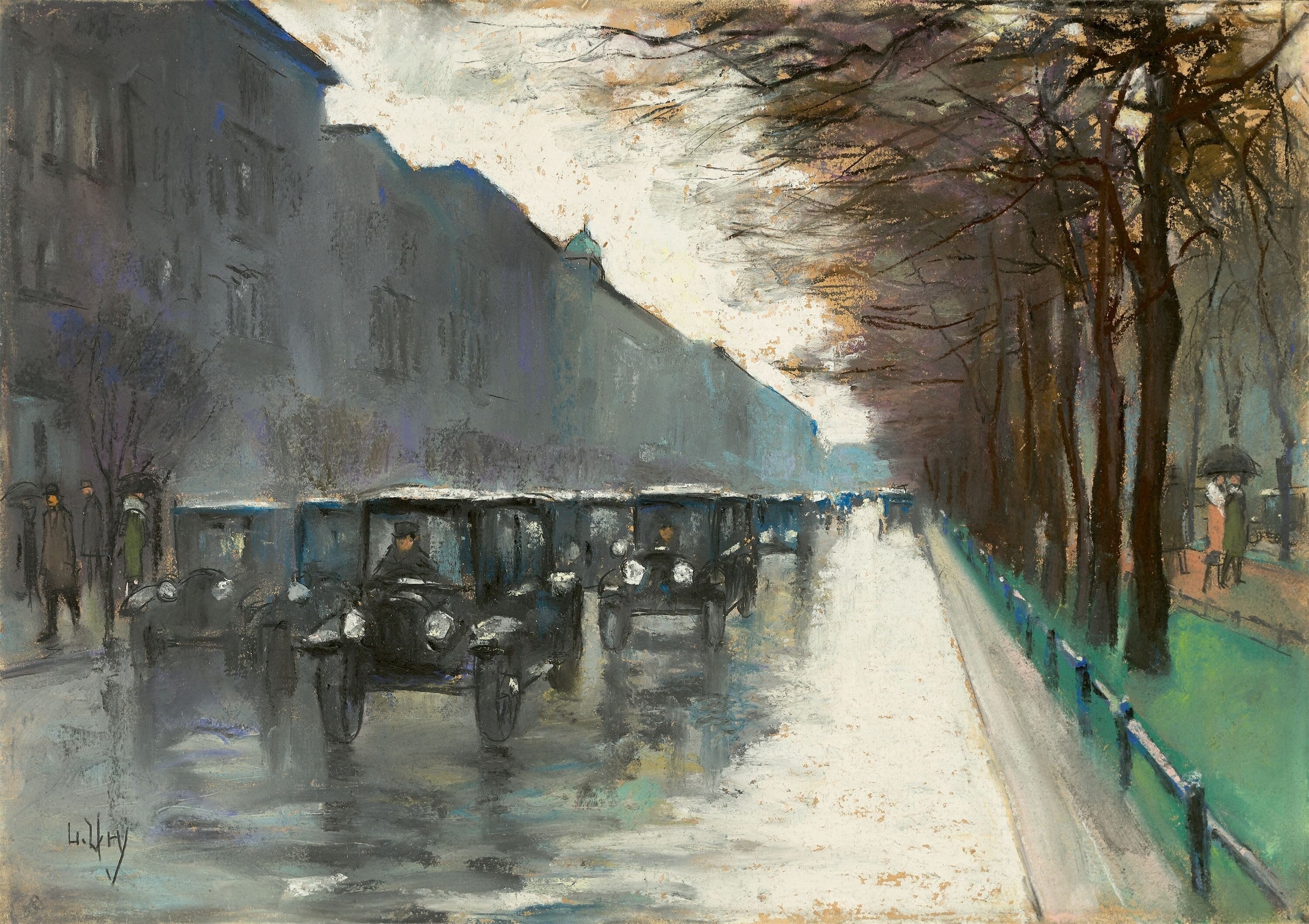 Unter den Linden mit Droschken im Regen - Lesser Ury