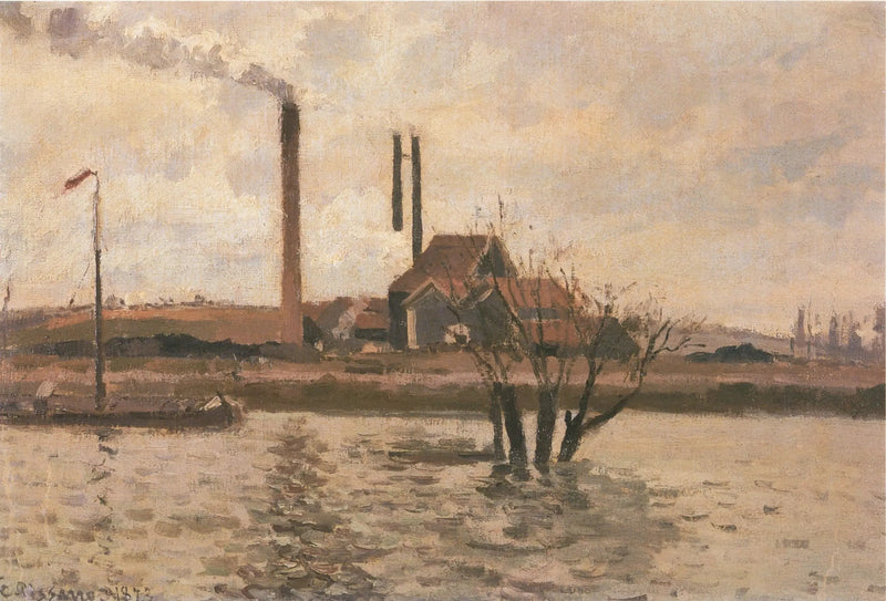 Fabriek in Saint-Ouen-l'Aumône, de overstroming van de Oise - Camille Pissarro