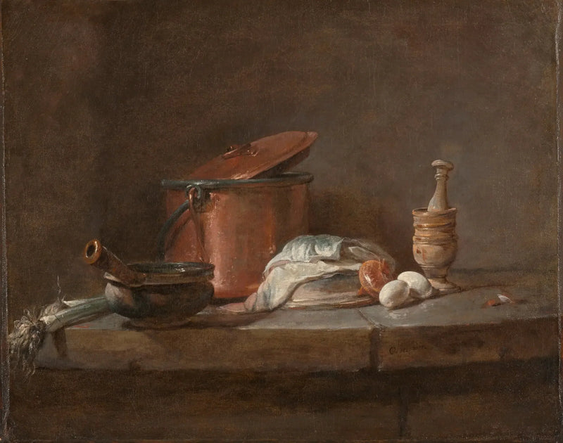 Keukengerei met prei, vis en eieren - Jean Simeón Chardin