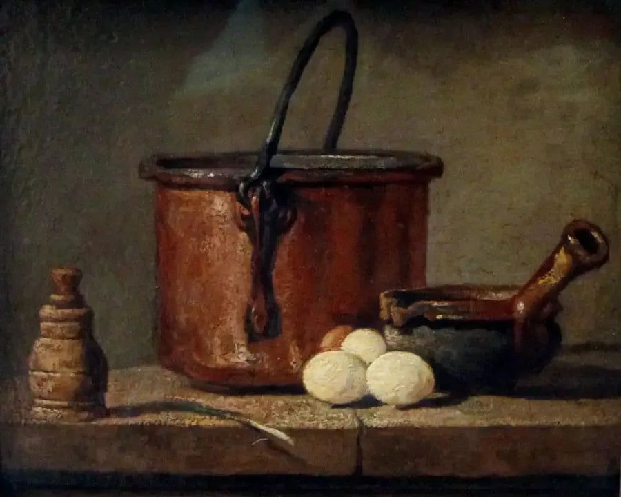 Keukengerei, ketel, koekenpan en eieren - Jean Simeón Chardin
