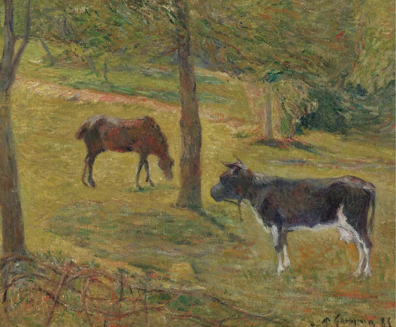 Koe en paard in een weiland - Paul Gauguin