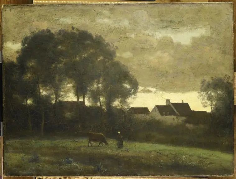 Vachère in een weiland bij zonsondergang - Jean-Baptiste Camille Corot