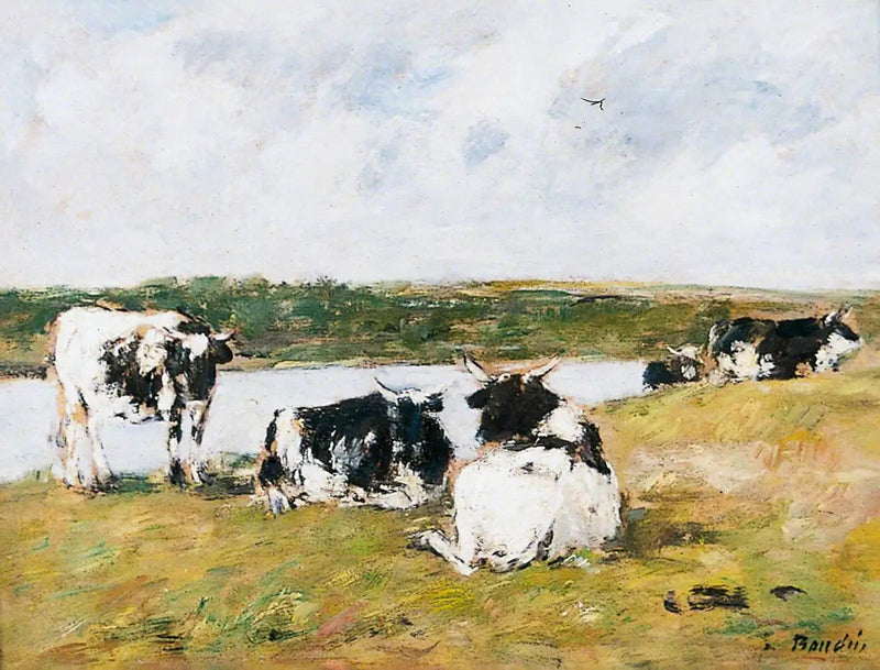 Koeien aan de oever van een rivier - Eugène Boudin