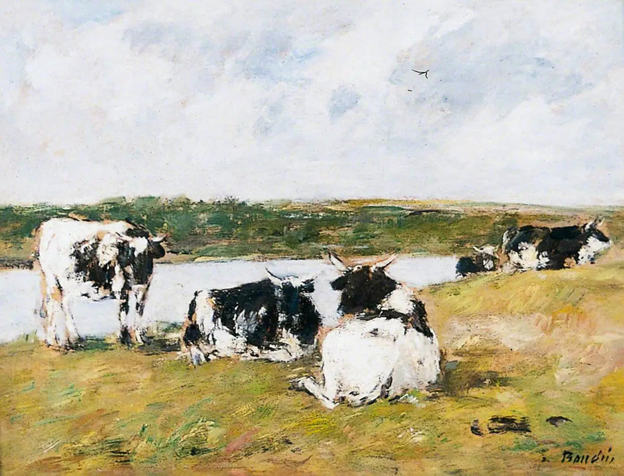 Koeien aan de oever van een rivier - Eugène Boudin