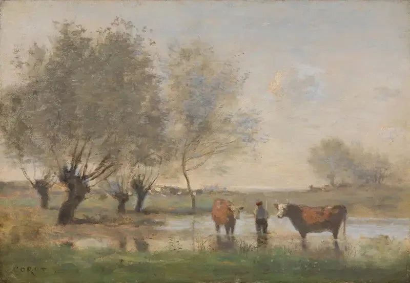 Koeien in een moerassig landschap - Jean-Baptiste Camille Corot