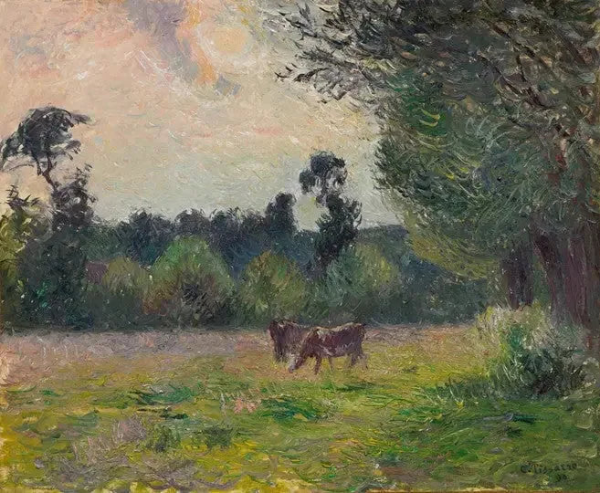 Koeien in een weiland, zonsondergang - Camille Pissarro