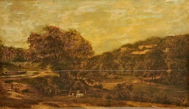 Bosvallei met een beekje en huizen aan de helling van de heuvel - John Constable