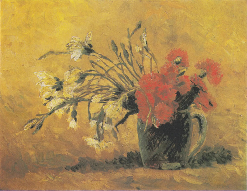 Vaasje met rode en witte anjer op gele achtergrond - Vincent van Gogh