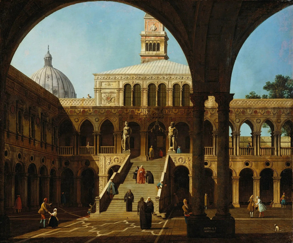 Venise : capriccio de la cour du palais du Doge avec la Scala dei Giganti - Canaletto image 1 tableau peint à l’huile sur toile