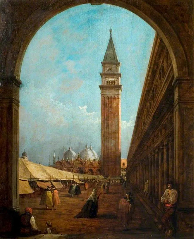 Venetië: een beurs op het San Marco plein gezien door een boog aan de zuidwestelijke rand - Francesco Guardi