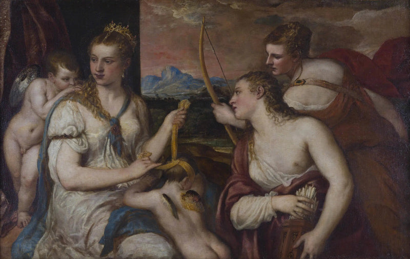 Venus die de ogen van Cupido bedekt - Titian