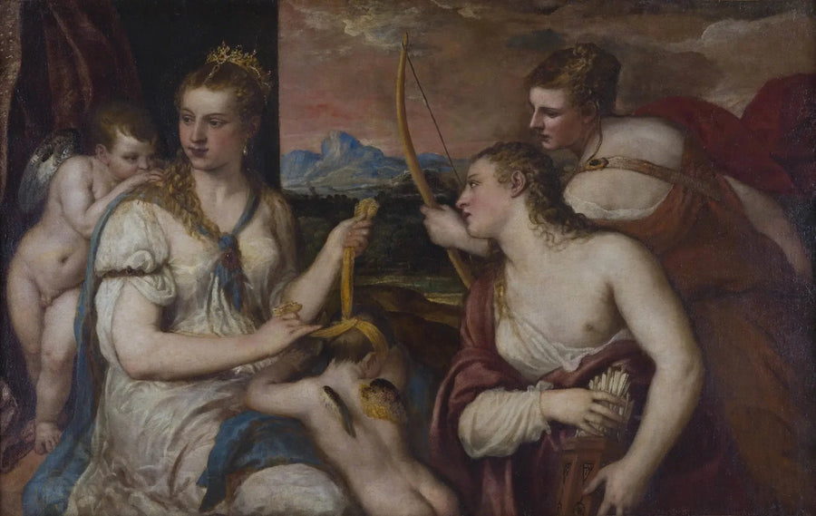 Venus die de ogen van Cupido bedekt - Titian