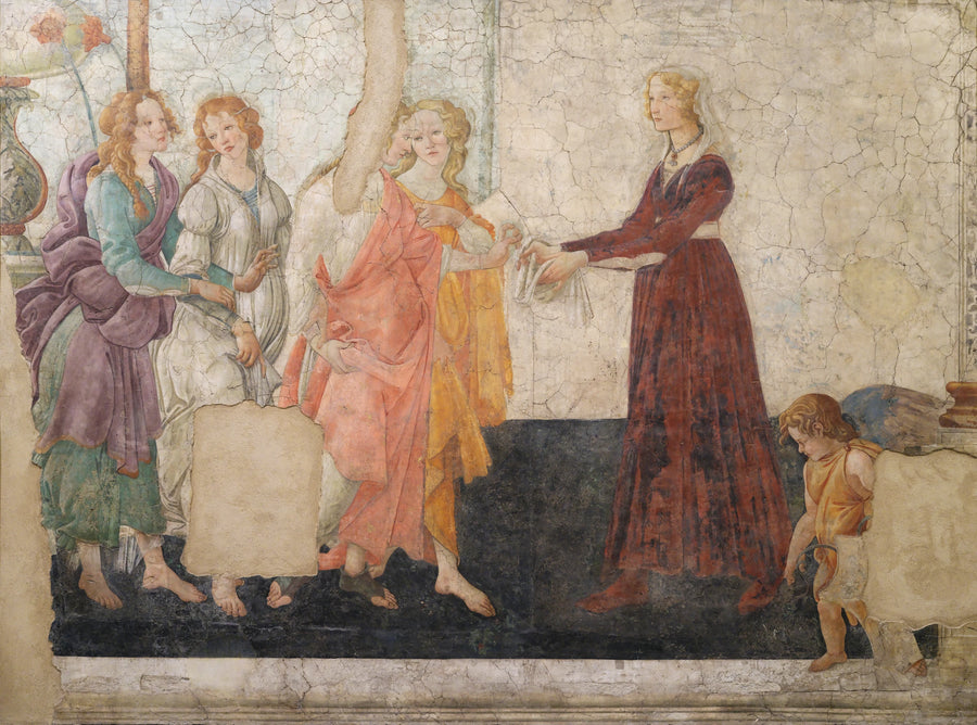 Venus en de drie Gratiën die cadeaus aanbieden aan een jong meisje - Sandro Botticelli