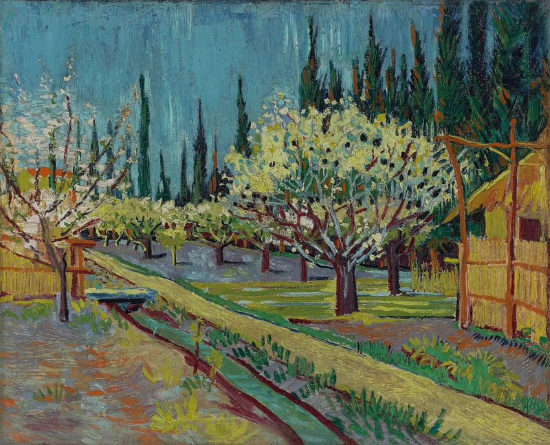 Bloeiende boomgaard, omgeven door cipressen - Vincent van Gogh