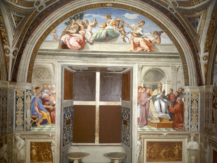 De kardinaal en de theologische deugden en de wet, 1511 - Raphaël en workshop