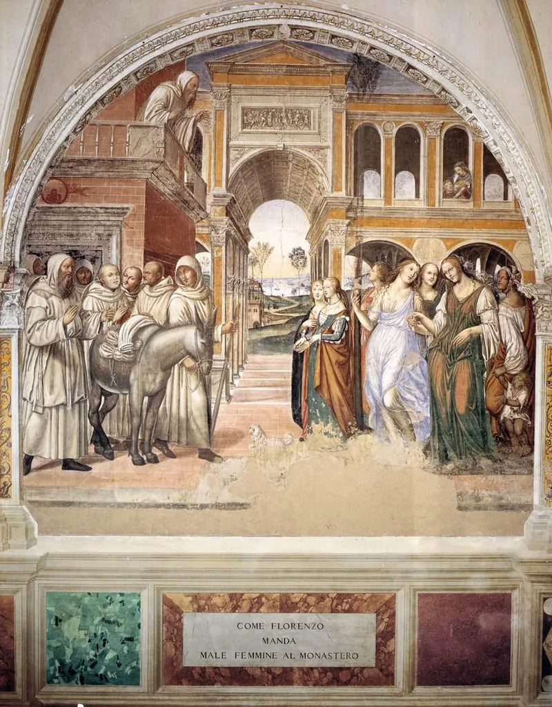 Leven van Sint-Benoît, scène 19: Benoît stuurt de prostituees weg - Il Sodoma (Giovanni Antonio Bazzi)