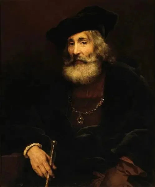 Oude man zittend met een stok in een fantasierijk kostuum - Rembrandt