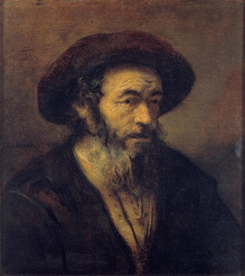 Oude man met een baard die naar rechts kijkt - Rembrandt