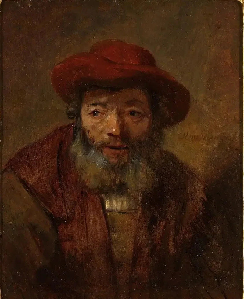 Portret van een oude man met een baard en een rode hoed - Rembrandt