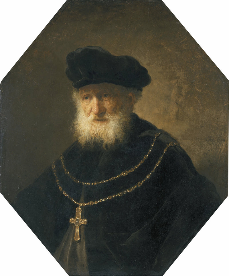 Buste van een man met een gouden ketting met een kruis - Rembrandt