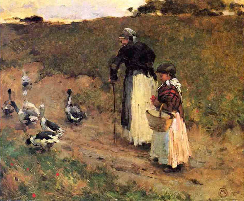 Oude vrouw met een kind en een gans - Willard Metcalf