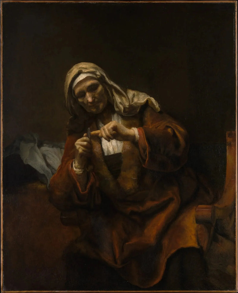 Oude vrouw die haar nagels knipt - Rembrandt