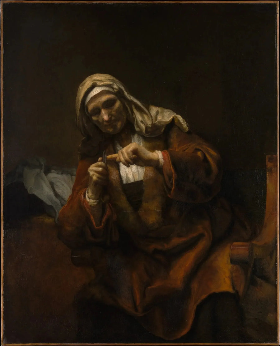 Oude vrouw die haar nagels knipt - Rembrandt