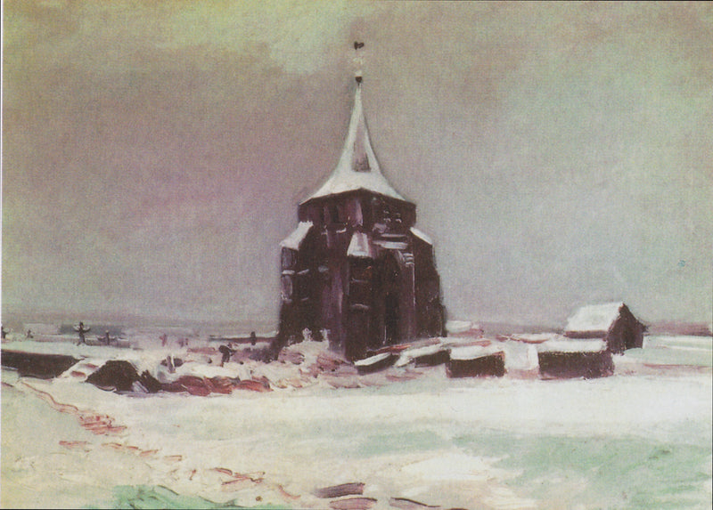 De oude toren van de begraafplaats van Nuenen onder de sneeuw - Vincent van Gogh
