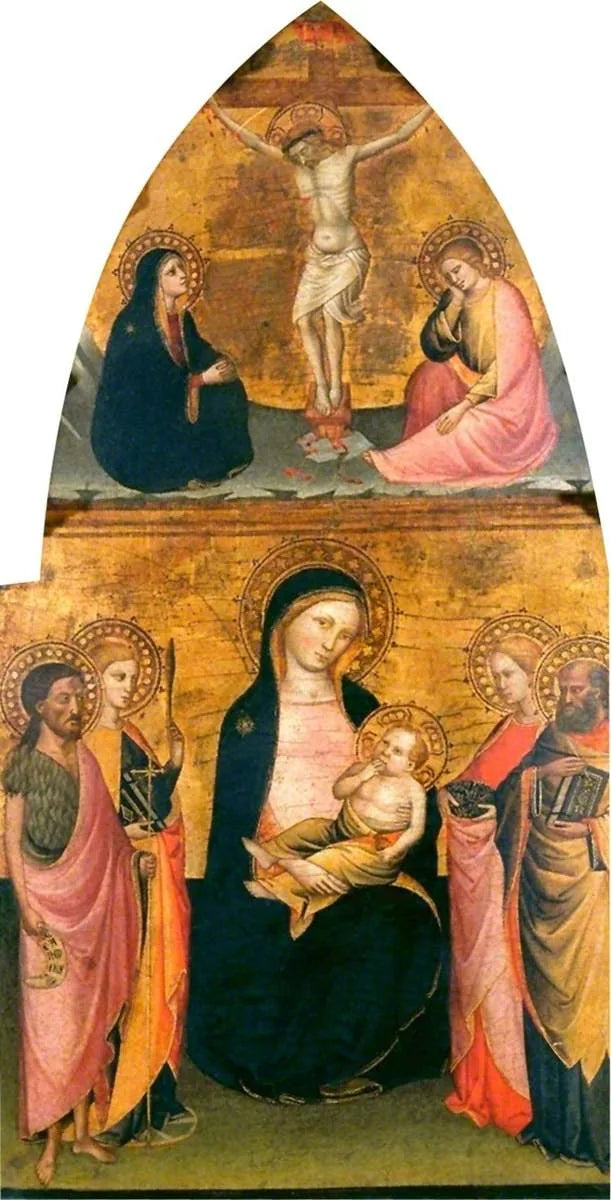 Maagd met Kind met vier heiligen en de gekruisigde Christus - Jacopo di Cione