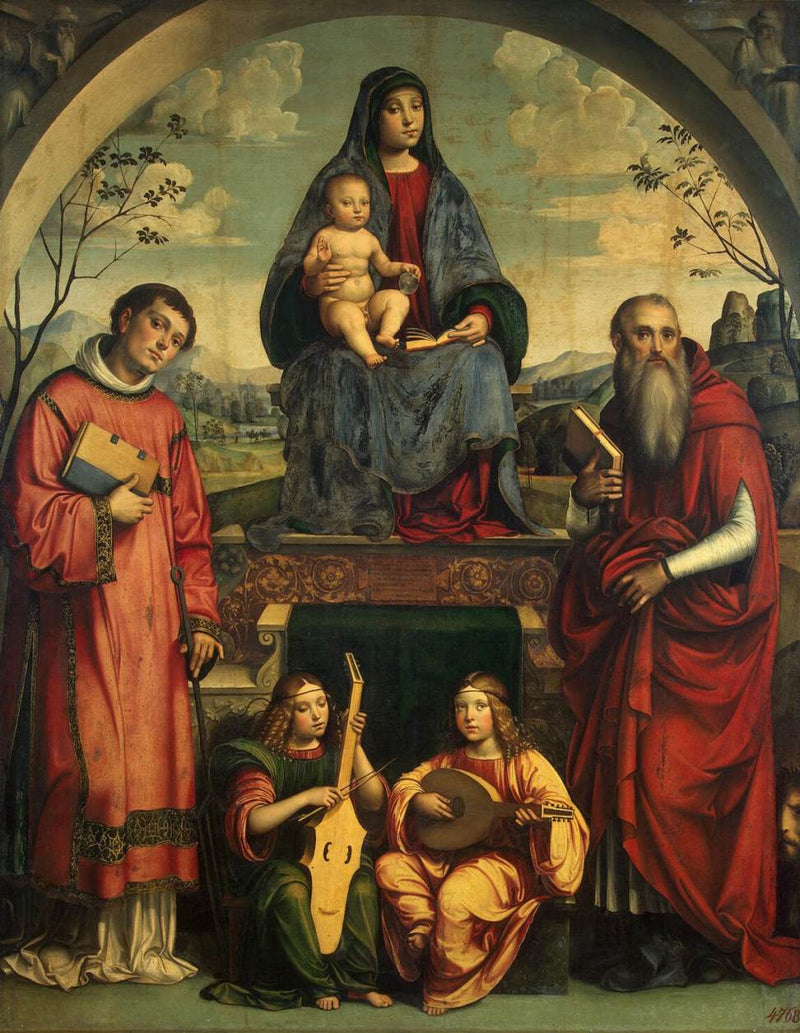 Maagd met Kind met Saint Laurent, Sint Jeremia en twee engelen die muziek maken - Francesco Francia