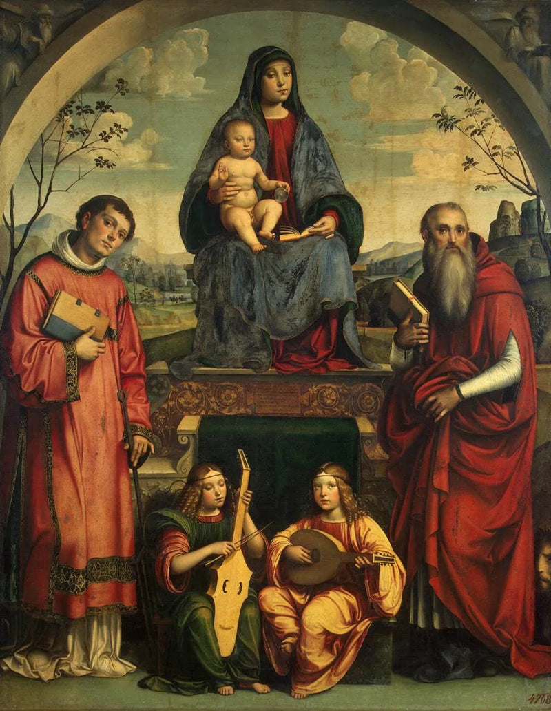 Maagd met Kind met Saint Laurent, Sint Jeremia en twee engelen die muziek maken - Francesco Francia