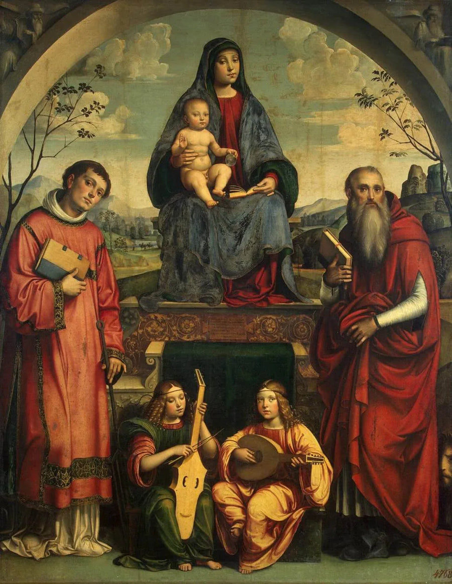 Maagd met Kind met Saint Laurent, Sint Jeremia en twee engelen die muziek maken - Francesco Francia