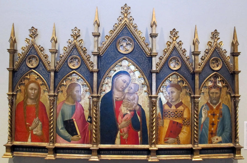 Maagd met Kind, met Sint Maria-Magdalena, Sint Jacobus de Grote, Sint Stefanus en een bisschop. - Allegretto Nuzi