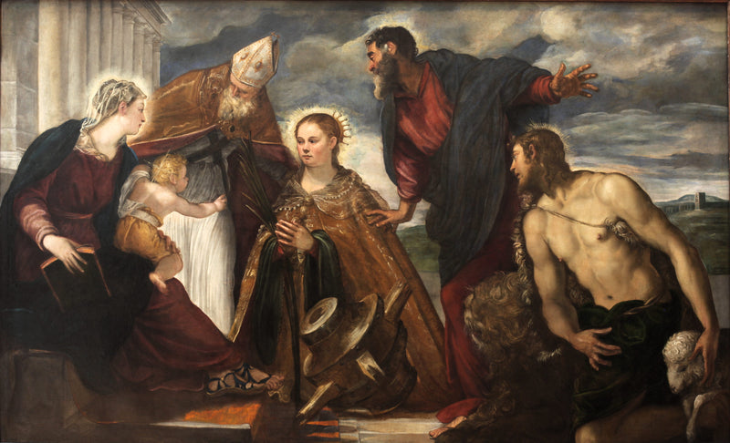 Maagd met Kind, met Sint Catharina, Sint Augustinus, Sint Marcus en Sint Johannes de Doper - Jacopo Tintoretto