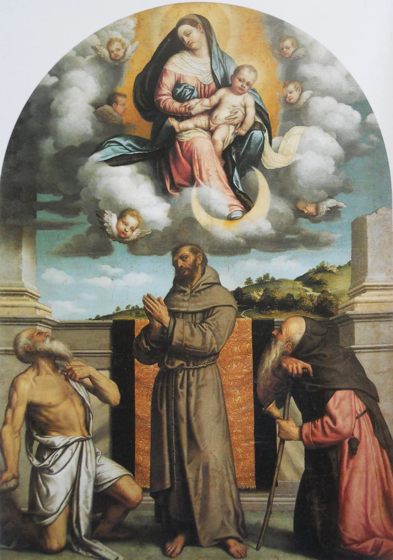 Maagd met Kind in glorie met Sint Jeroen, Sint Franciscus van Assisi en Sint Antonius van Padua - Alessandro Bonvicino