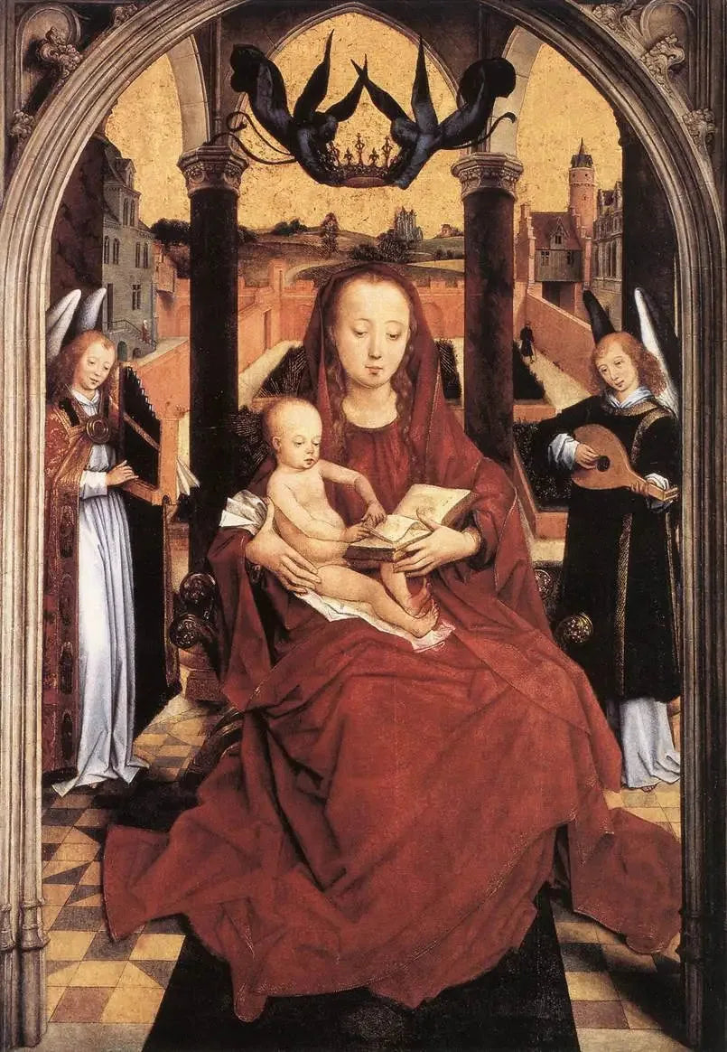Maagd met Kind op troon met twee muzikale engelen - Hans Memling