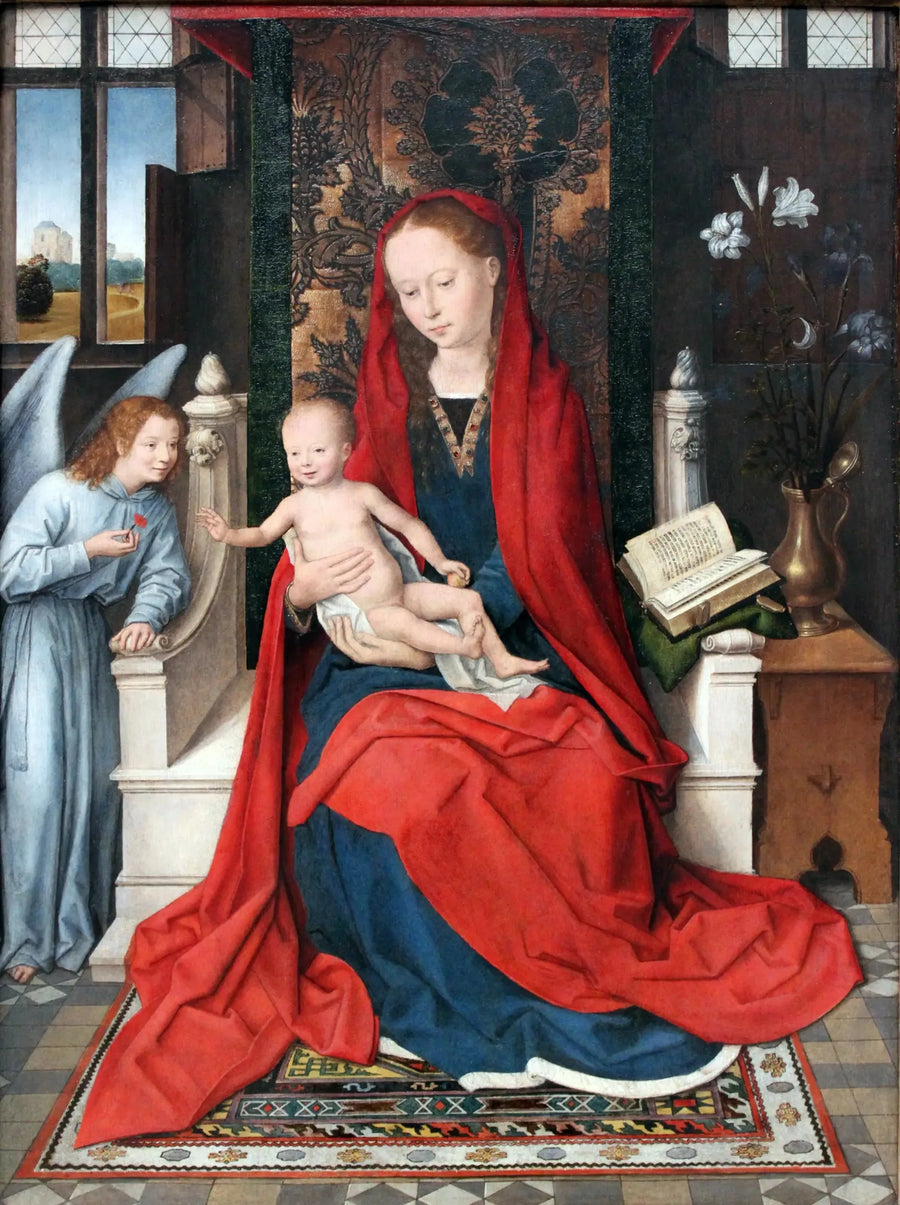 Maagd met Kind op troon met een engel - Hans Memling
