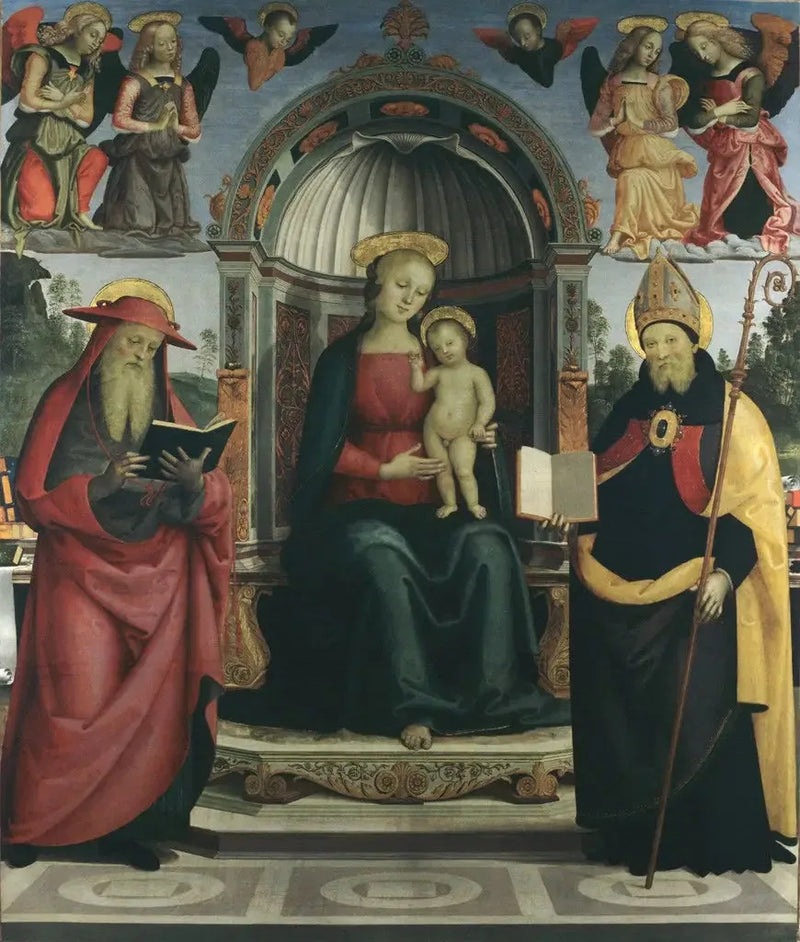 Maagd met Kind op de troon tussen Sint Jerome, Sint Augustinus, vier engelen en twee cherubijnen - Pietro Perugino