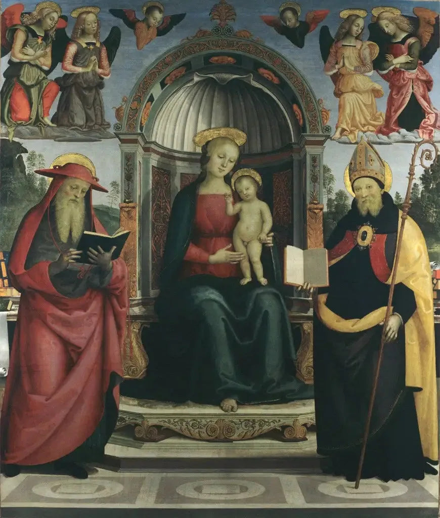 Maagd met Kind op de troon tussen Sint Jerome, Sint Augustinus, vier engelen en twee cherubijnen - Pietro Perugino